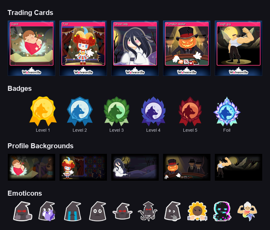 Wolvesville Steam trading cards, badges, profile backgrounds and emoticons